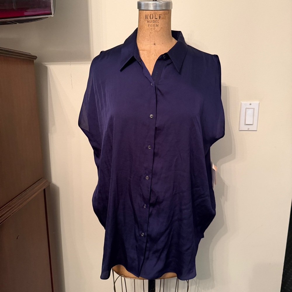 Anne Klein Navy Draped Cap Sleeve Button-Down Blouse